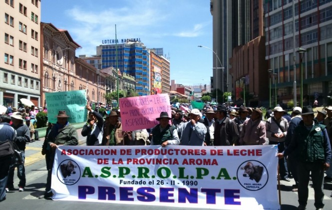 Los productores de Leche en su marcha por el centro de la ciudad de La Paz. Foto: ANF.