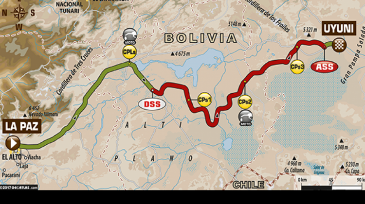 El recorrido inicial previsto para la séptima etapa La Paz - Uyuni.  Foto: dakar,com