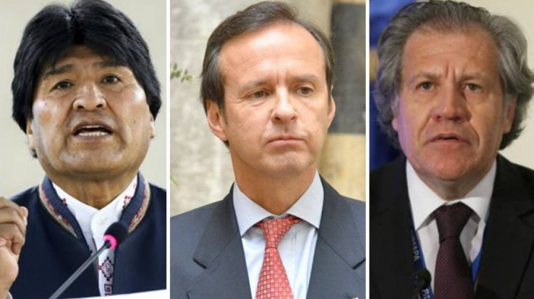 Evo Morales (izq.), Tuto Quiroga (cen.) y Luis Almagro.