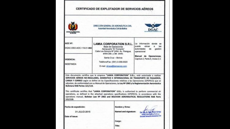 Este es el certificado firmado por Pereyra y que permitió a LaMia operar dentro y fuera del país.