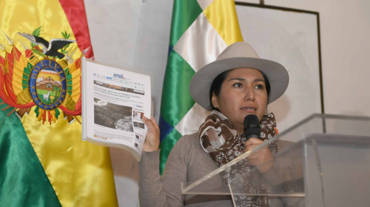 La ministra de Comunicación, Marianela Paco, durante la conferencia de prensa.  Foto: ABI