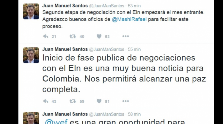 Cuenta de tuiter del Presidente Juan Manuel Santos . Foto: Captura de pantalla