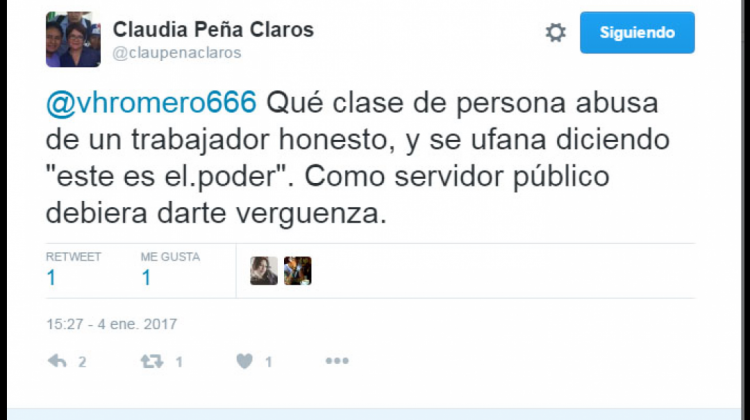 La exministra Claudia Peña, que es socia del Café, le reclamó vía su cuenta de Twitter. Foto: Captura de pantalla ANF