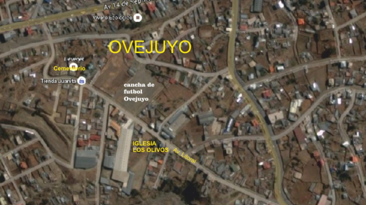 Un mapa aéreo de Ovejuyo, localizada en la zona sur de La Paz.