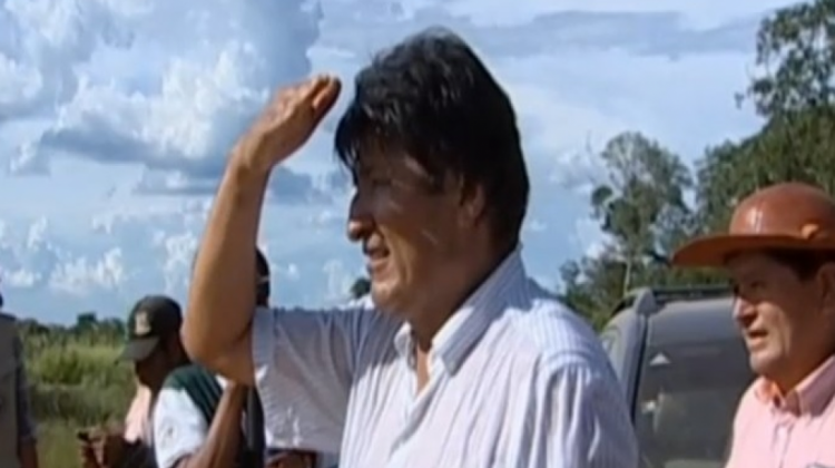 El presidente Evo Morales en la localidad de Yateirenda supervisando los trabajos de fumigación Foto: Captura BTV
