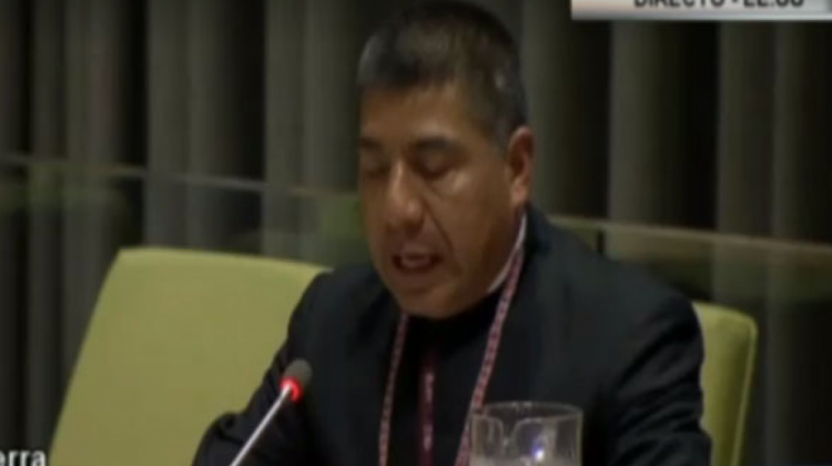 Canciller Fernando Huanacuni en Naciones Unidas. (Captura de pantalla: Btv)
