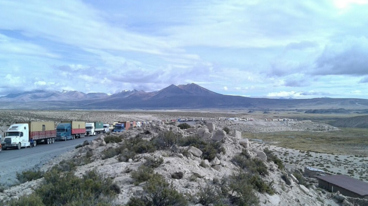 Largas filas de camiones de carga boliviana en Tambo Quemado. Foto: Gustavo Rivadeneira