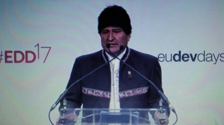Evo Morales durante su intervención en Jornadas Europeas de Desarrollo. Foto: Cancillería.