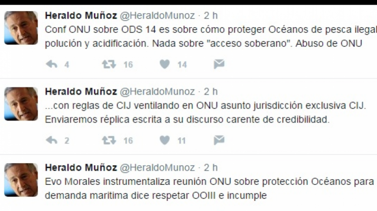 Los tuits del canciller chileno, Heraldo Muñoz.   Foto: Captura de pantalla