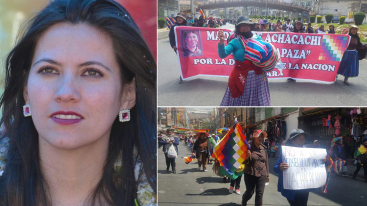 Claudia Fernández y la llegada de la marcha de mujeres de Achacachi. Fotos: Facebook y ANF.