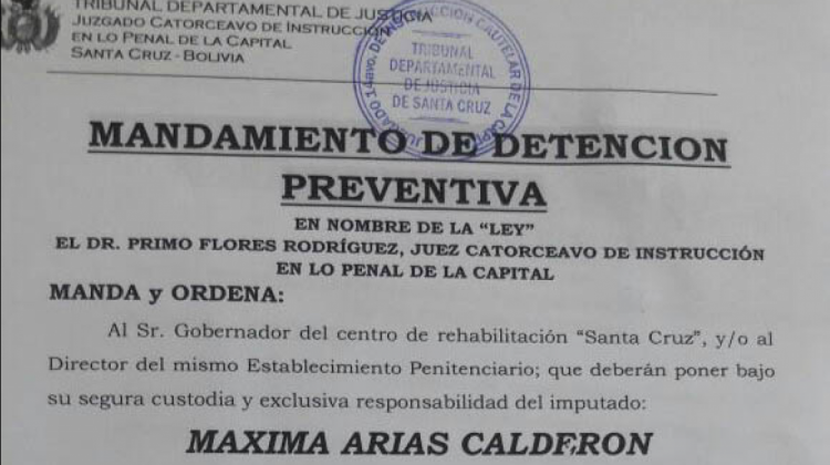 El documento de detención preventiva de Máxima Arias Calderón. Foto: Captura del documento.