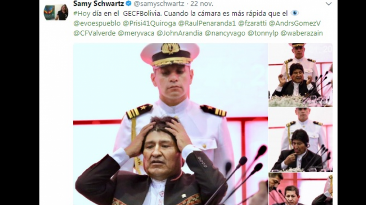 Fotografías del presidente Evo Morales que generaron polémica en redes . Foto: Tuit Samy Schwartz