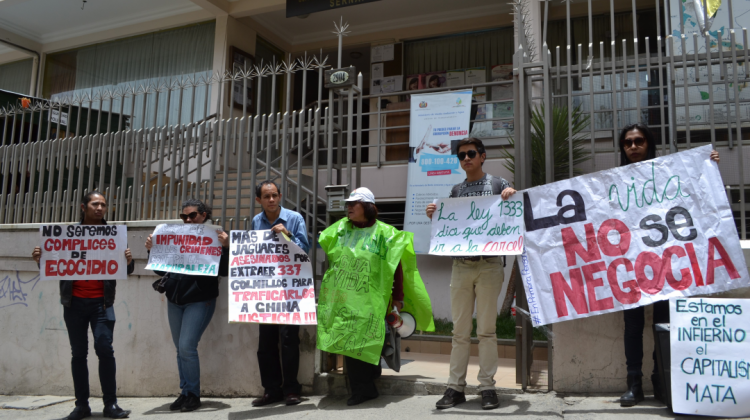 La protesta de activistas en puertas del Sernap en Sopocachi. Foto: ANF