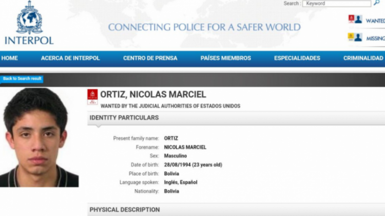 En el portal de la Interpol está registrado el nombre de Marciel Nicolás Ortiz Estenssoro. Foto: captura de foto