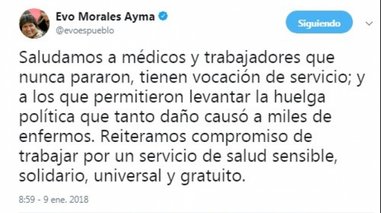 Twitter presidente Evo Morales.  Foto: Captura de Twitter