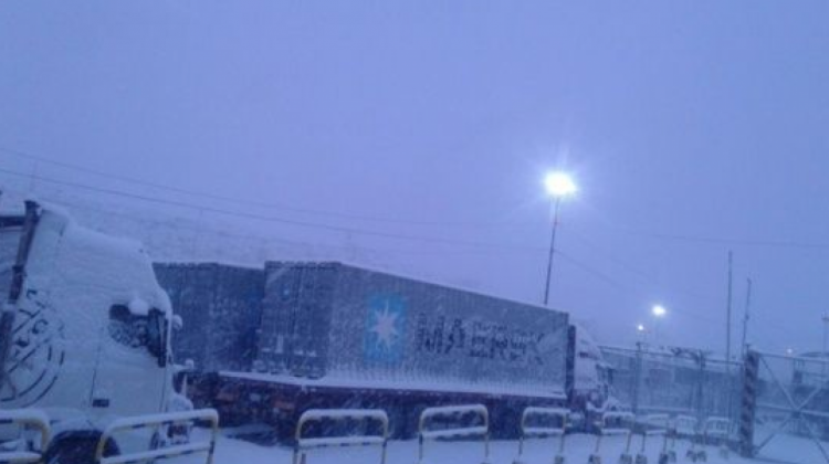 Los camiones varados por la intensa nevada que cayó en la frontera con Chile.   Foto: Asociatrin