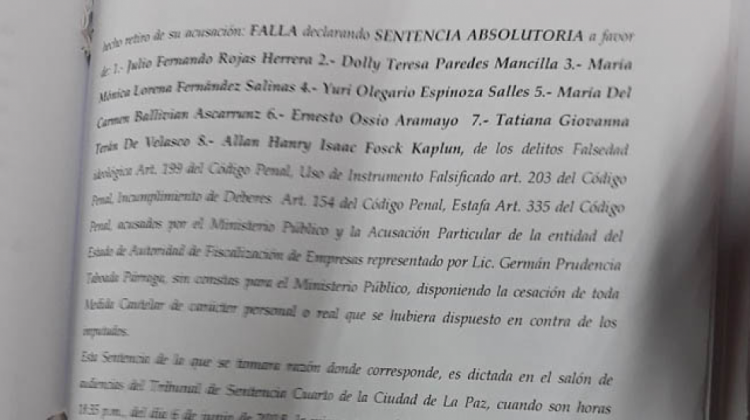 La sentencia que liberó de culpa en caso Quiborax. Foto: Captura foto
