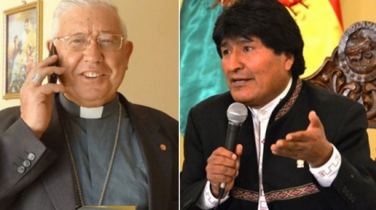 Monseñor Jesús Juárez y el presidente Evo Morales. Fotos: RRSS y ABI.