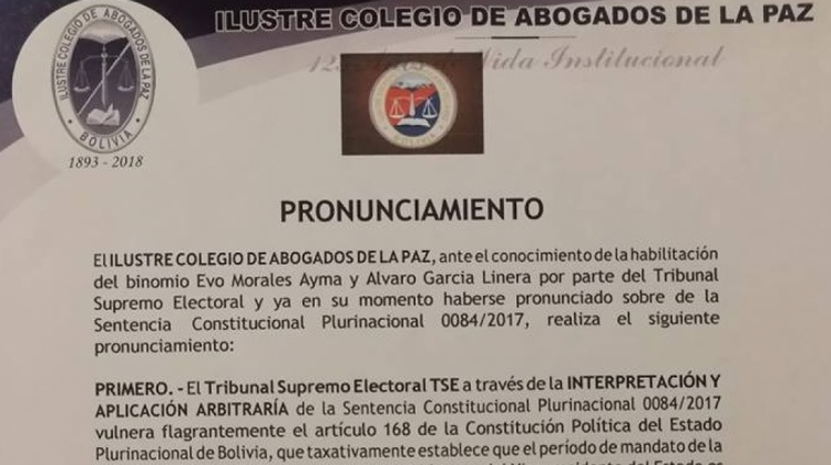 Pronunciamiento del Ilustre Colegio de Abogados de La Paz.