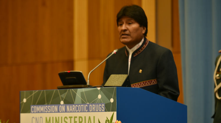 Presidente Evo Morales durante su discurso en la 62a Sesión de la Comisión de Estupefacientes – UNODC. Foto:ABI