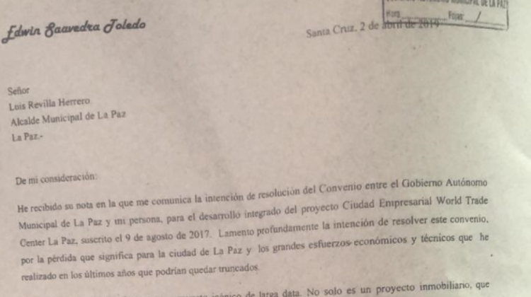 Carta del empresario Edwin Saavedra dirigida al alcalde paceño, Luis Revilla,