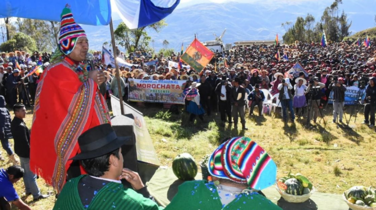 El presidente Evo Morales durante el acto de entrega de atajados para riego en Morochata. Foto: Ministerio de Comunicación.
