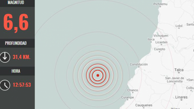 La localización del sismo en la zona centro-sur de Chile.  Foto: Emol