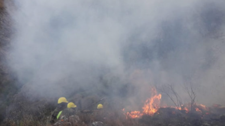 Los bomberos intentan apagar el fuego en una parte de Sama. Foto: El País.