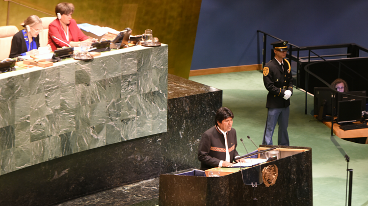 El presidente Evo Morales durante su intervención en la Asamblea General de la ONU. Foto: ABI.