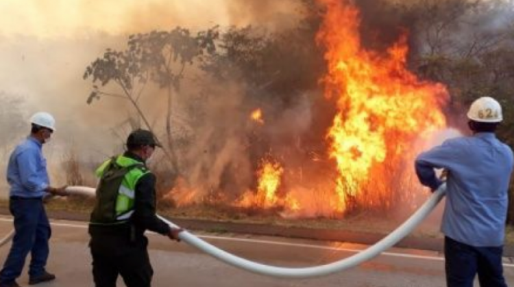 Bomberos, policías y comunarios intentan apagar un incendio en Roboré.