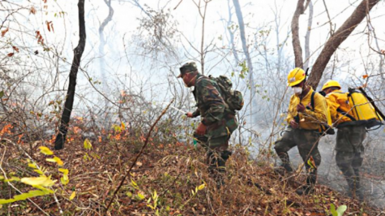 Soldados apoyan en las tareas de mitigación del fuego en la Chiquitania. Foto: Correo del Sur