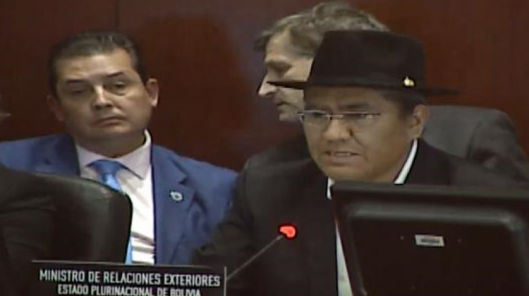 El canciller Diego Pary, durante su intervención en la OEA. Foto: Cancillería Boliviana.