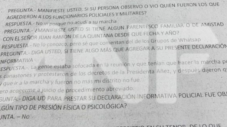 Copia de la declaración de la acusada sobre marcha en Riberalta. Foto: ANF