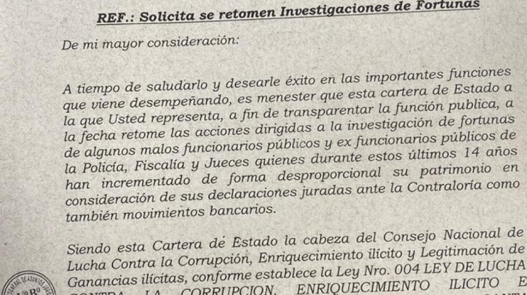 Carta enviada por el ministro Murillo al Ministro de Justicia y Transparencia. Foto: ANF