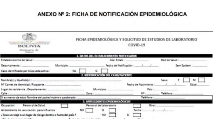 Captura de pantalla de la ficha de notificación epidemiológica del covid.19 del Ministerio de Salud.