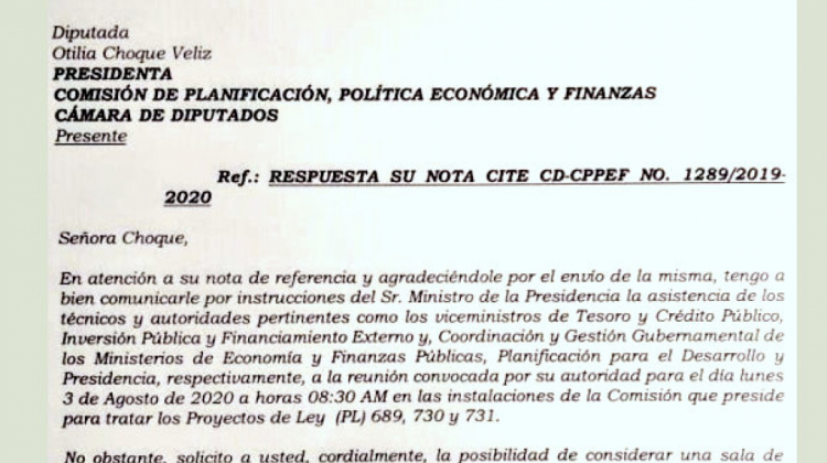 Carta de respuesta del Gobierno a la invitación de la Comisión de Planificación de la Cámara de Diputados. Foto: Captura de imagen.