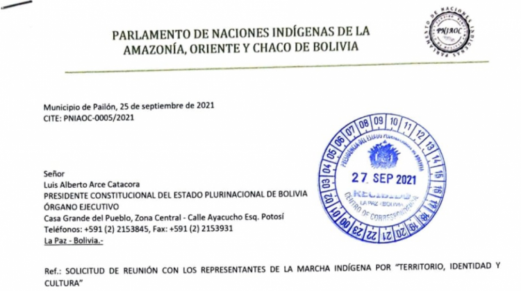 Carta enviada al presidente Luis Arce. Foto: captura de imagen
