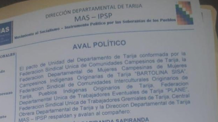 Uso de aval político, emitido por la organización de mujeres Bartolina Sisa, que fraccionó a pueblos indígenas de Tarija en 2021.