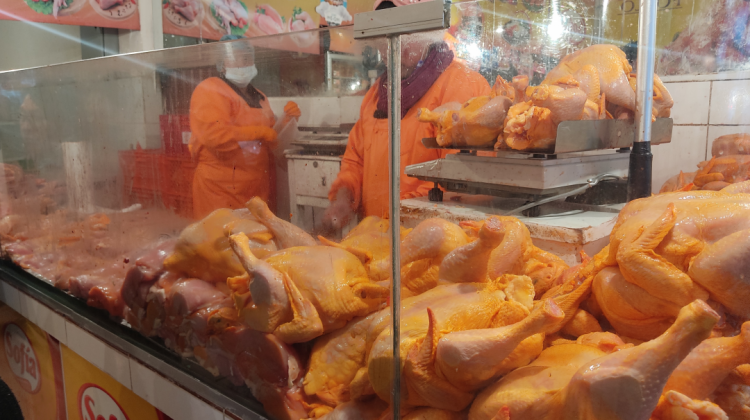 Vendendoras de carne de pollo en un mercado de La Paz. Foto: ANF