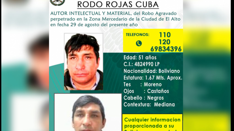 La Policía difundió el afiche para encontrar a Rojas. Foto: Policía Boliviana
