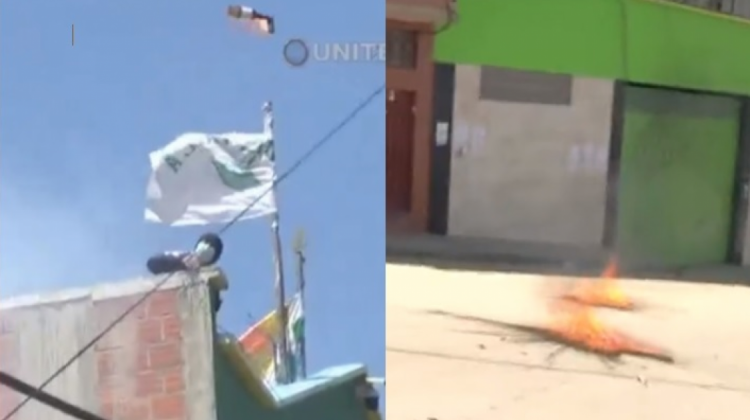 Ataque de bombas molotov de parte del bloque de Alanes contra los marchistas de Adepcoca el 8 de septiembre. Foto: Composición