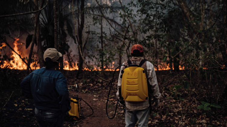 Comunarios de Santiago de Chiquitos intentan frenar el avance del fuego en el límite del Área Protegida Valle de Tucabaca. Foto: Claudia Belaunde.