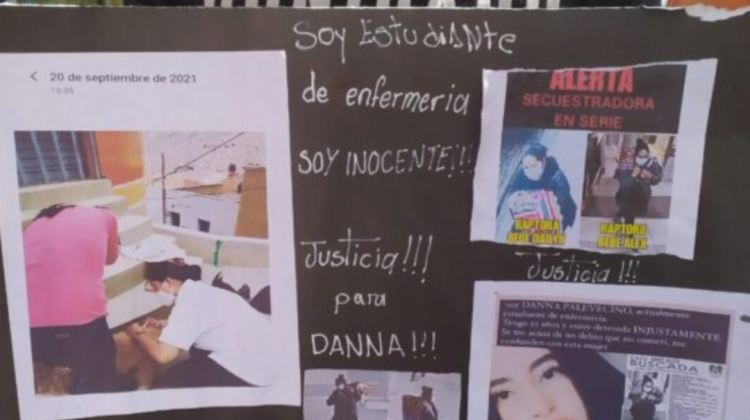 Carteles de protesta de amigos y familiares de la joven enfermera que reclamaban inocencia. Foto: RRSS