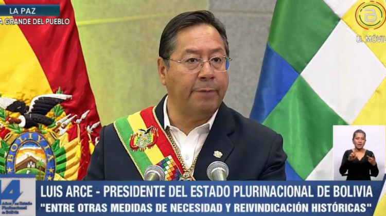 Presidente Luis Arce en su discurso por el Día del Estado Plurinacional. Foto: Captura