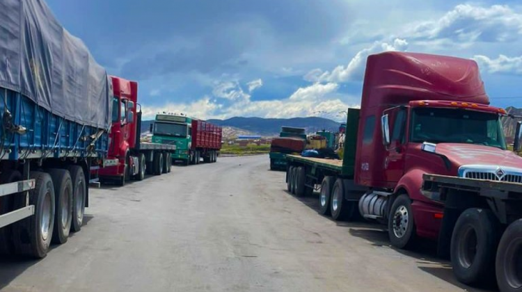 Camiones parados en territorio peruano. Foto: Cancillería