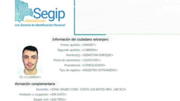 Documento que emitió el Segip en favor de Sebastián Enrique Marset Cabrera, el narcotraficante uruguayo.