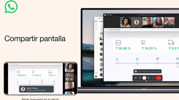 Interfaz de Whatsapp al compartir pantalla durante una videollamada  Foto: META