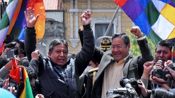 David Choquehuanca y Luis Arce en una anterior concentración del MAS. Foto: Internet