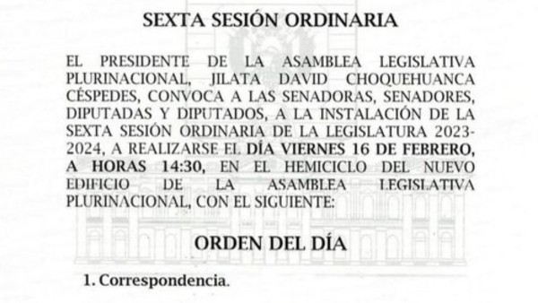 Choquehuanca convocó a sesión de la ALP este viernes.