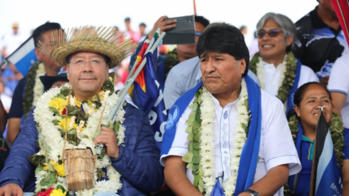 Luis Arce y Evo Morales en el aniversario del MAS, en 2023. Foto. Internet